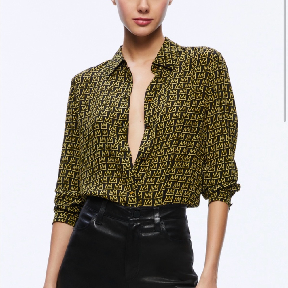 Alice + Olivia Yellow and Black Monogram Button-Up Blouse